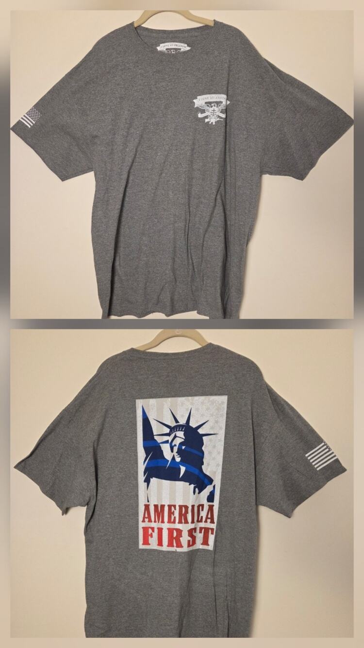I Love My Freedom America First T Shirt XL Gray Statue of Liberty Never Give Up